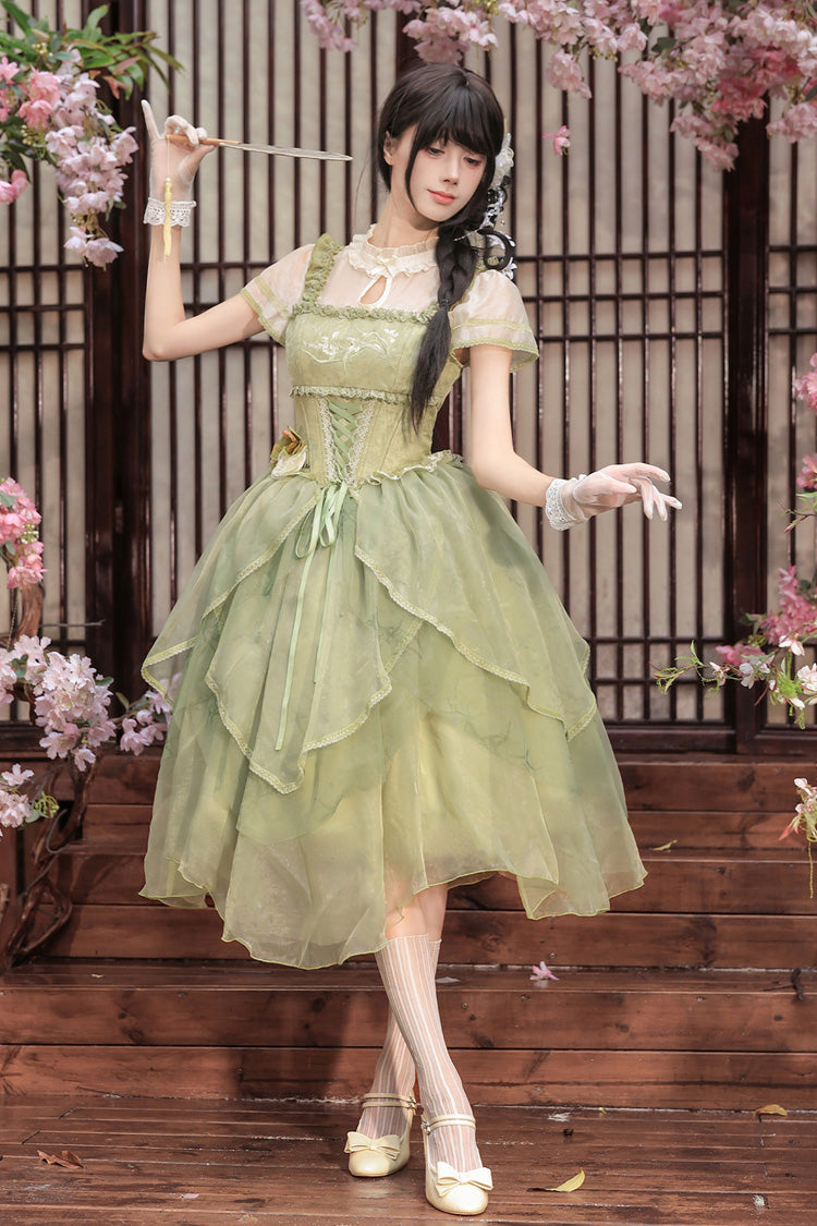 Fragrance Stand Collar Short Sleeves Multi-Layered Printed Ruffled Bow Lace Irregular Chinese Style Sweet Lolita Dress 2 Colors - Green/Pink