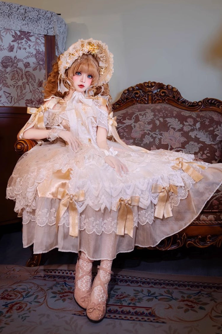 Glazed Phantom Off Shoulder Ruffle Hanayome Bow Lace Elegant Lolita Dress in Yellow