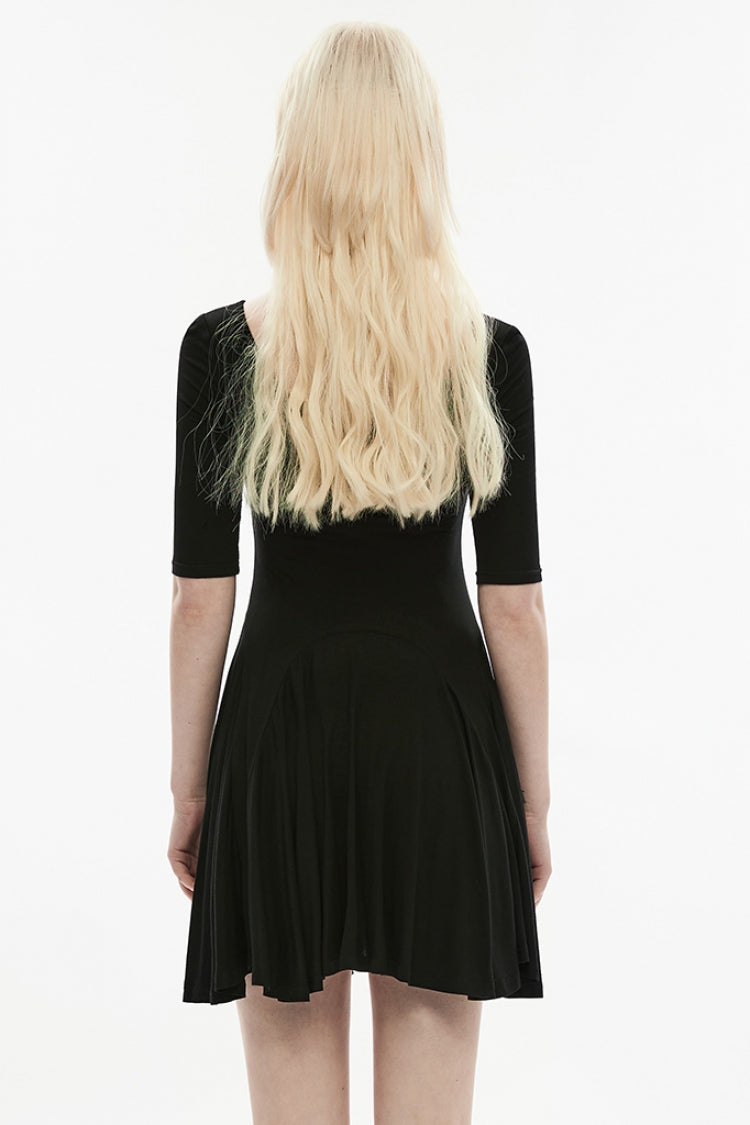 Ebony Crewneck Half-Sleeve Skull Single-Breasted Gothic Dress for Women