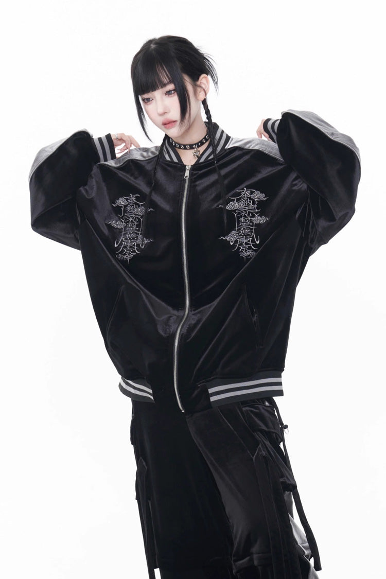 Black Long Sleeve Print Embroidery Gothic Jirai Kei Chinese Style Japanese Jacket