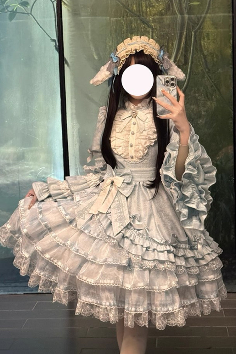 Blue Soloist Doll Long Hime Sleeve Multi-Layer Print Ruffle Bow Asymmetrical Sweet Lolita