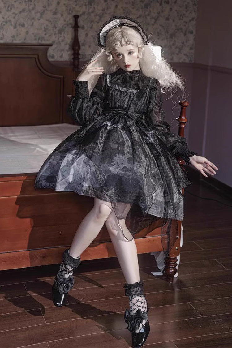 Black Mandarin Collar High-Waist Dead Leaf Print Tulle Gothic Lolita JSK