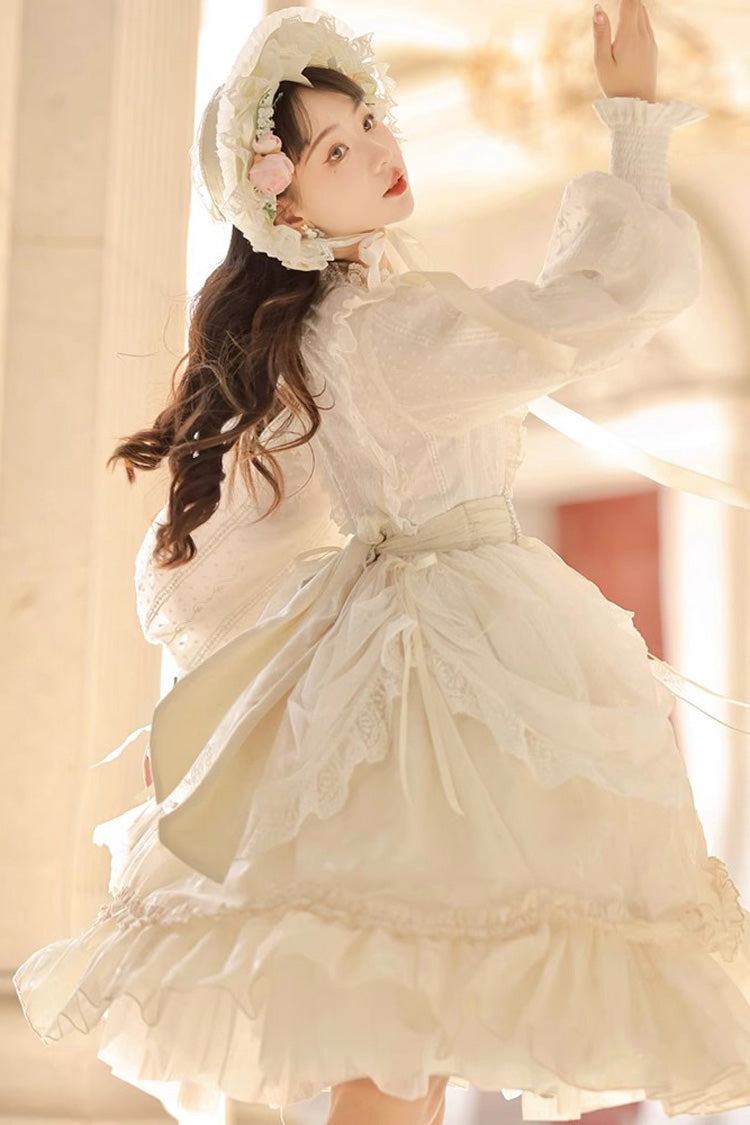 Ivory Mandarin Collar Long Sleeve Print Ruffled Sweet Lolita Gown