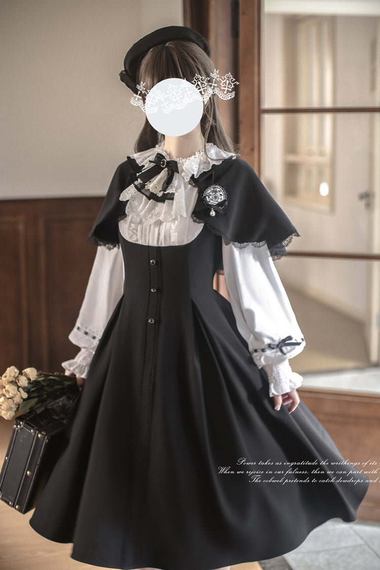Black/White Sunset Academy Long Sleeves Ruffled Bow Fake Two Pieces Vintage Collegiate Elegant Lolita Gown