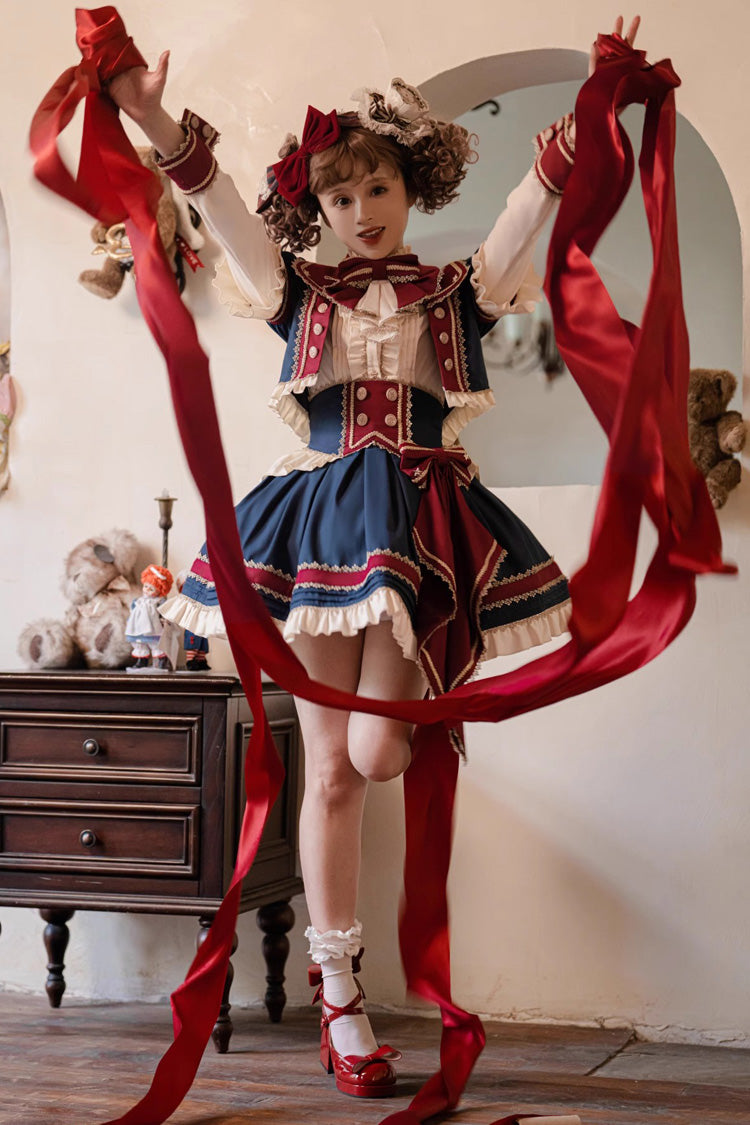 Patriotic Star Round Collar Ruffled Sweet Lolita Skirt Set - Red White Blue