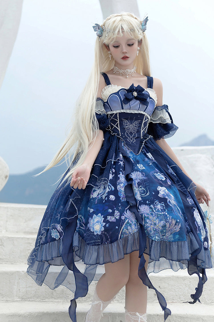 Blue Print Ruffle Lace Sweet Elegant Lolita Jsk Dress