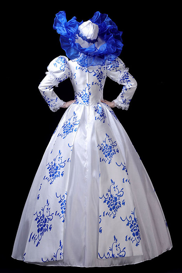 Cerulean and Ivory Porcelain Print Stand Collar High Waist Victorian Lolita Evening Dress