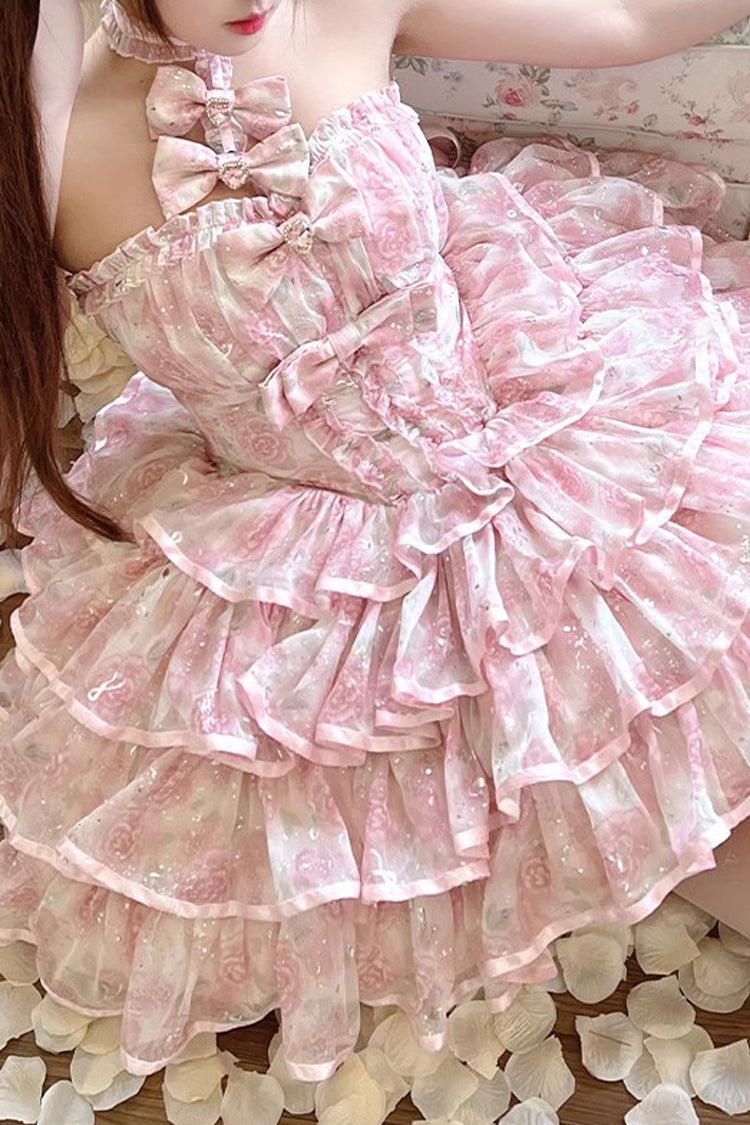 Pink Halterneck Sleeveless Multi Layer Bow Sweet Tiered Dress - Broken Silver Rose