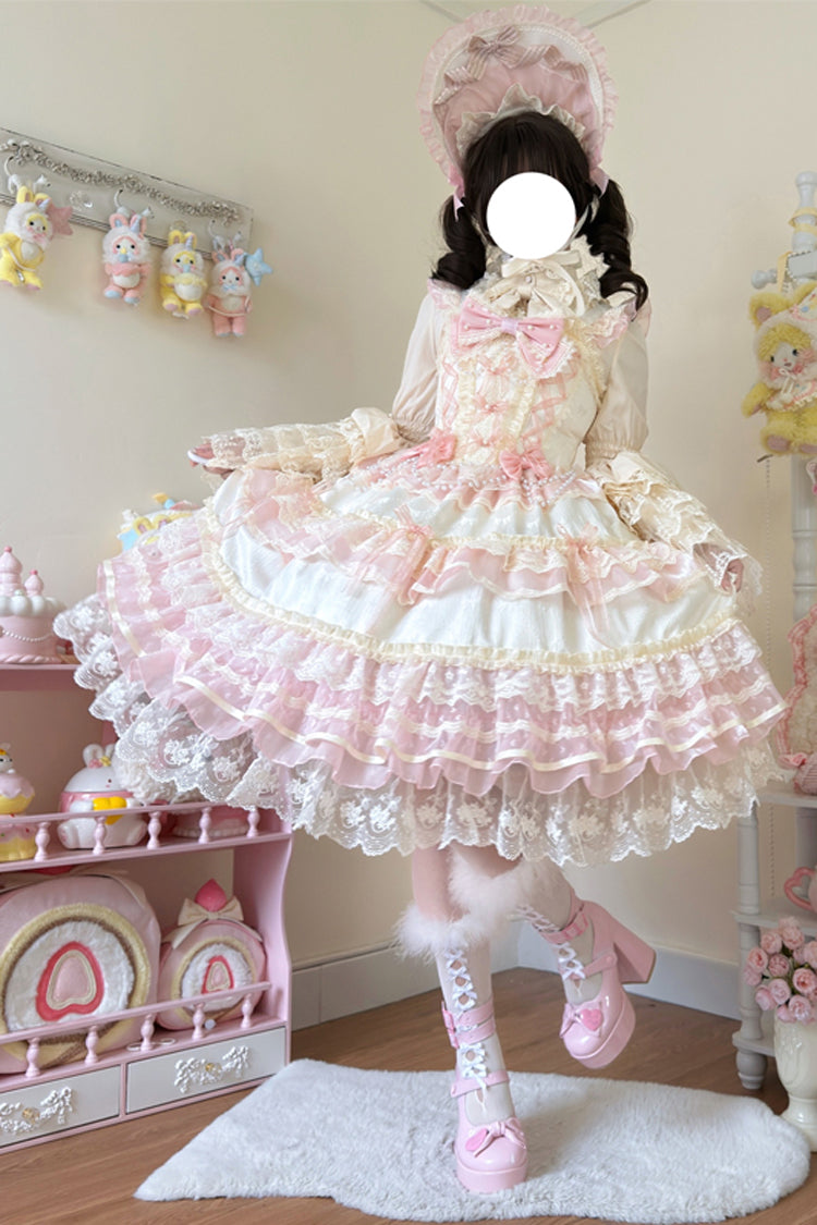 Sweet Lace JSK Dress with Ruffle Bow in Apricot