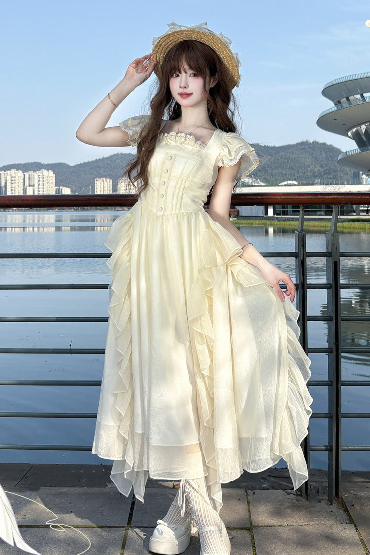 Apricot Sweet Lolita Dress with Square Collar Short Sleeves and Ruffle Trim Accents