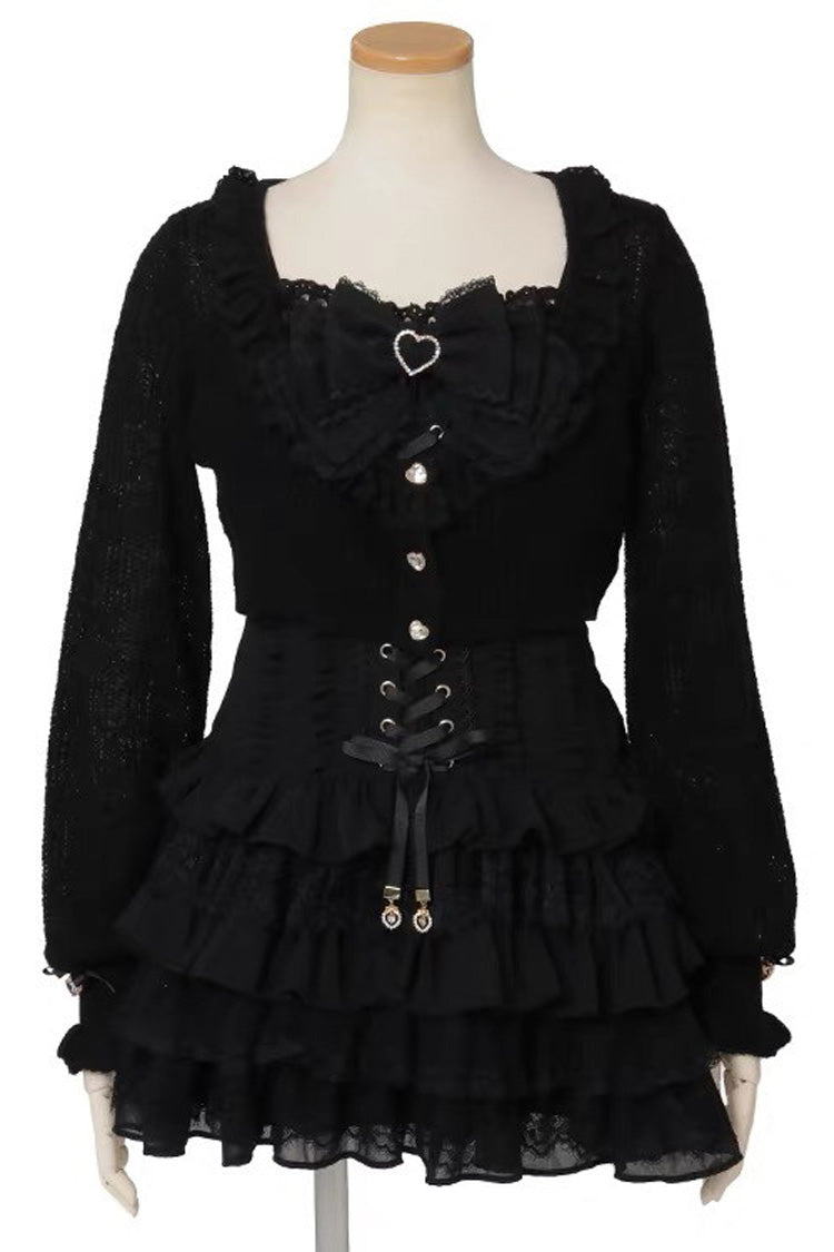 Multi Layered Ruffled Bow Print Long Sleeve Jirai Dress in Three Shades