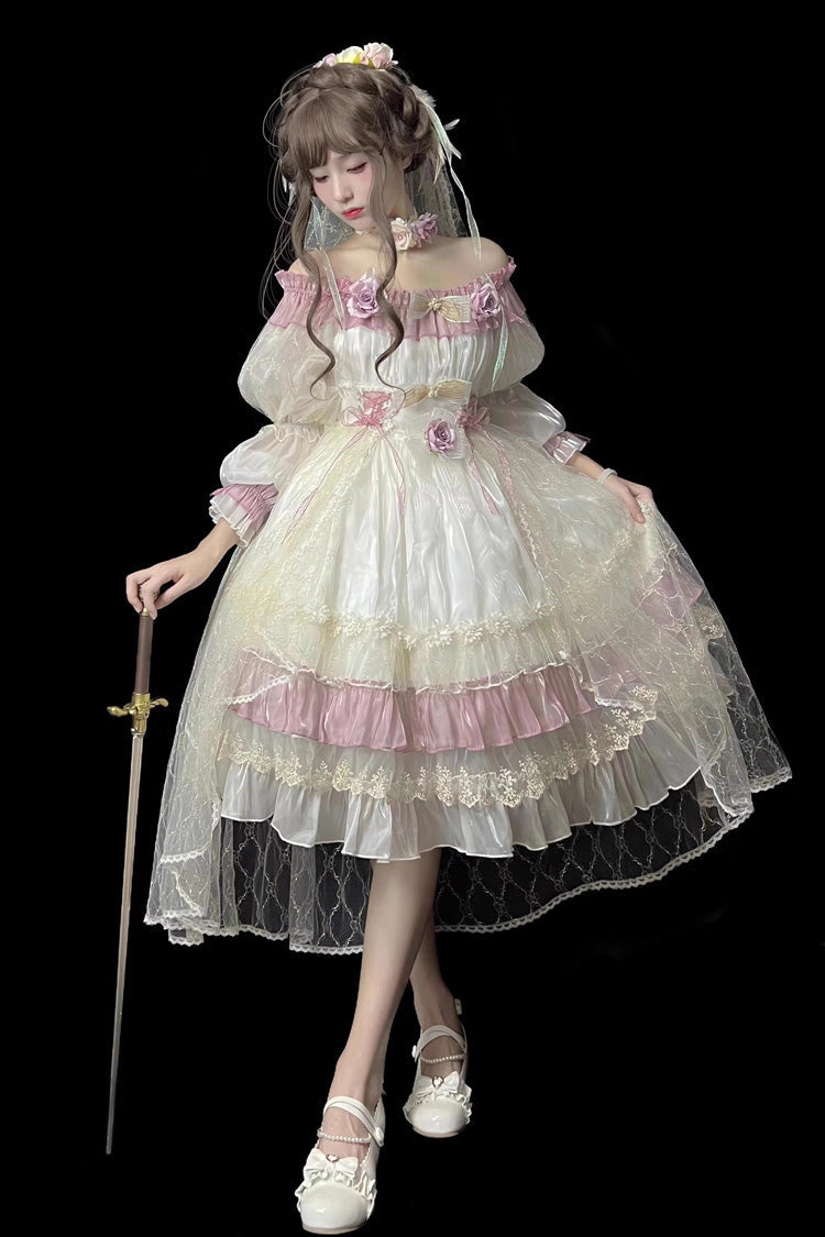 Long Sleeve Multi-Layer Ruffle Bow Lace Lace-Up Sweet Princess Lolita Dress - Purple