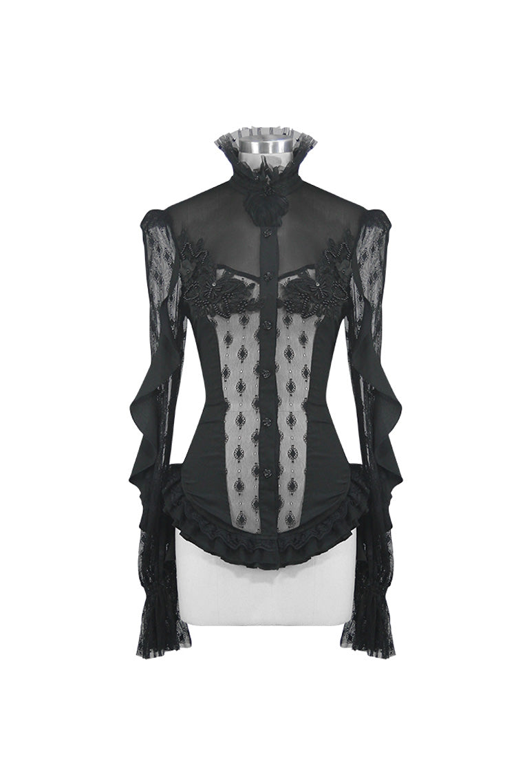 Gothic Blouse with High Collar Beaded Flowers Lace Cuffs Back Lace-Up