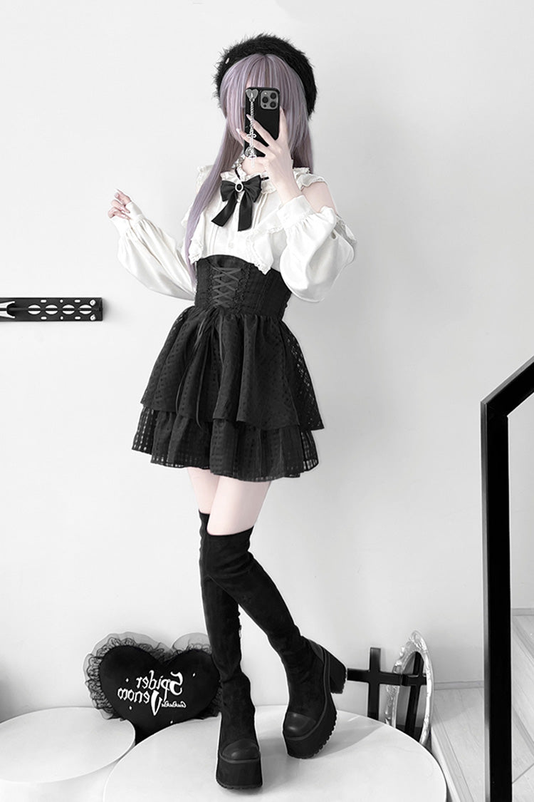 Black [Blackberry Rite] Lace Bowknot Lace-Up Jirai Kei Mini