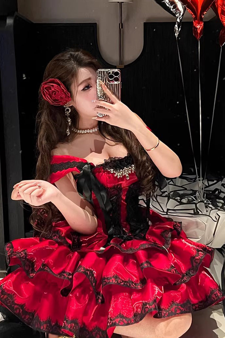 Sweet Lolita JSK Dress with Ruffled Lace and Lace-Up Back - Red