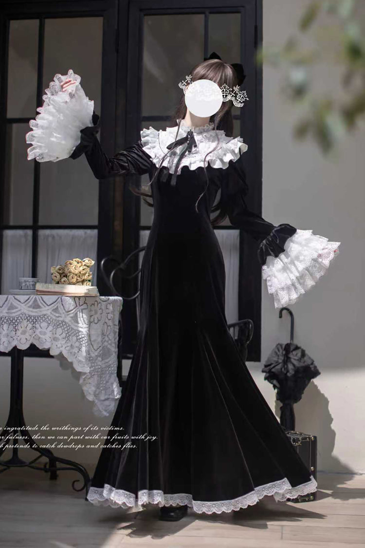 Velvet Hime Sleeve Ruffle Bowknot Gothic Lolita Fishtail Dress Black