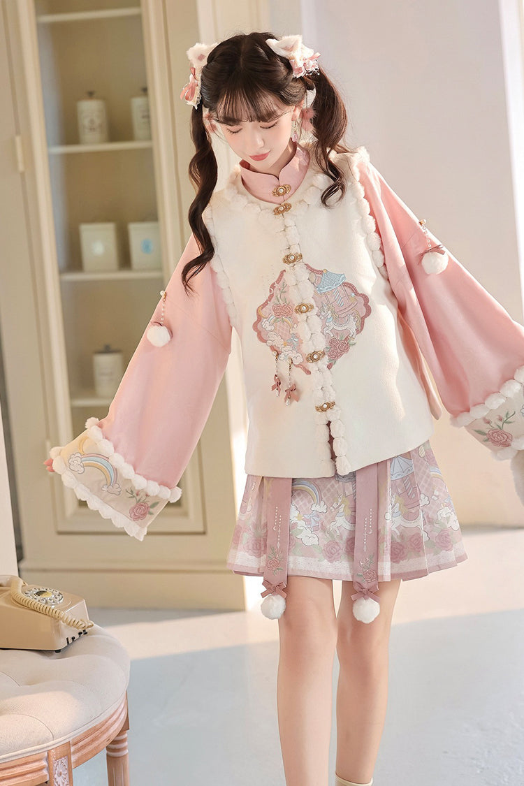 Ivory and Pink Miracle Pony Round Collar Long Sleeve High-Waist Printed Sweet Hanfu Dress Set