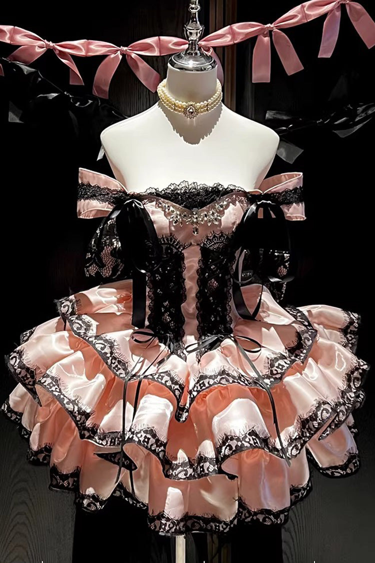 Sweet Lolita JSK Dress with Ruffled Lace and Lace-Up Back - Pink