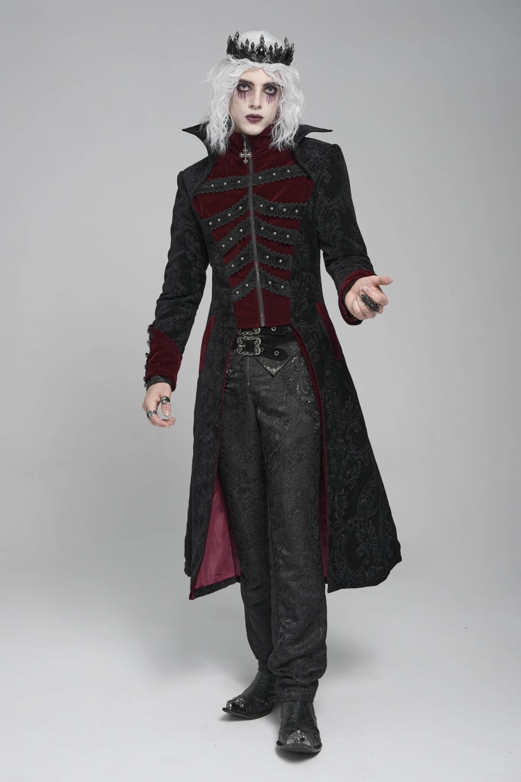 Noir & Red Crystal-Trimmed Printed Zip Gothic Overcoat