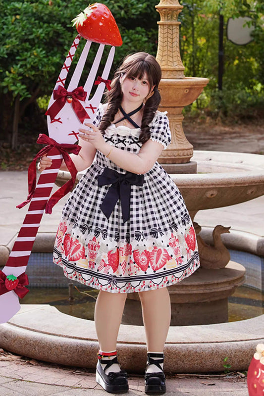 Strawberry Plaid Print Bowknot Sweet Plus Size Princess Black Short Sleeves Dress