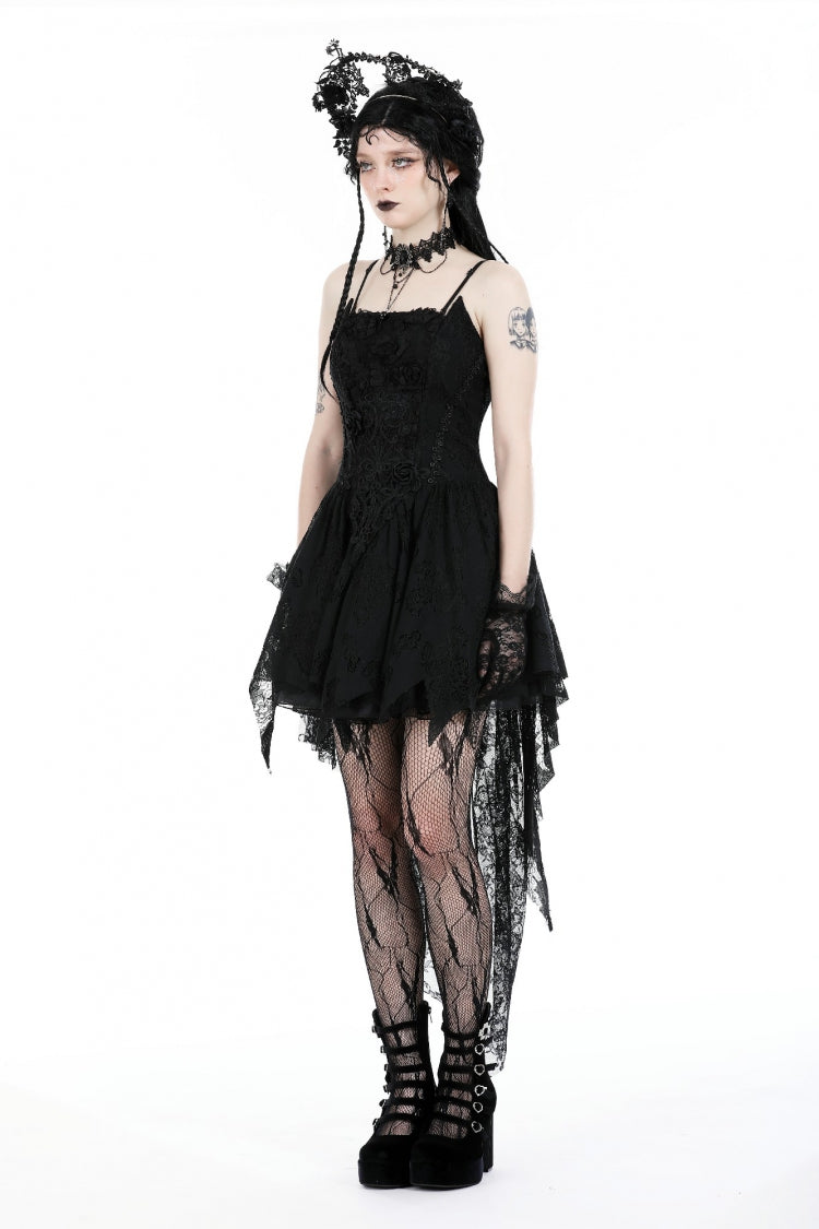 Sleeveless Rose Lace Lace-Up Gothic High Low Dovetail Slip Wedding Dress