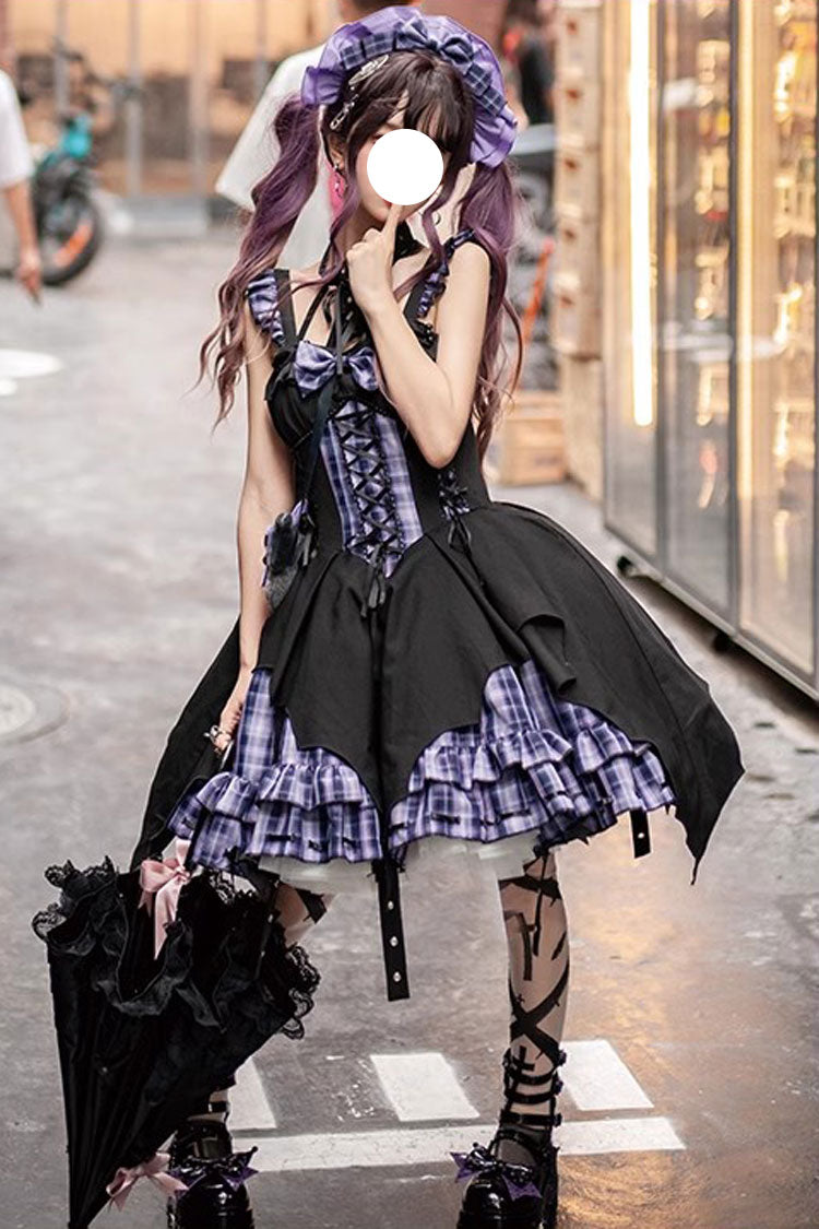 Subculture Grid-Print Dress with Radio Wave Pattern and Bow Stitching in 3 Colors
