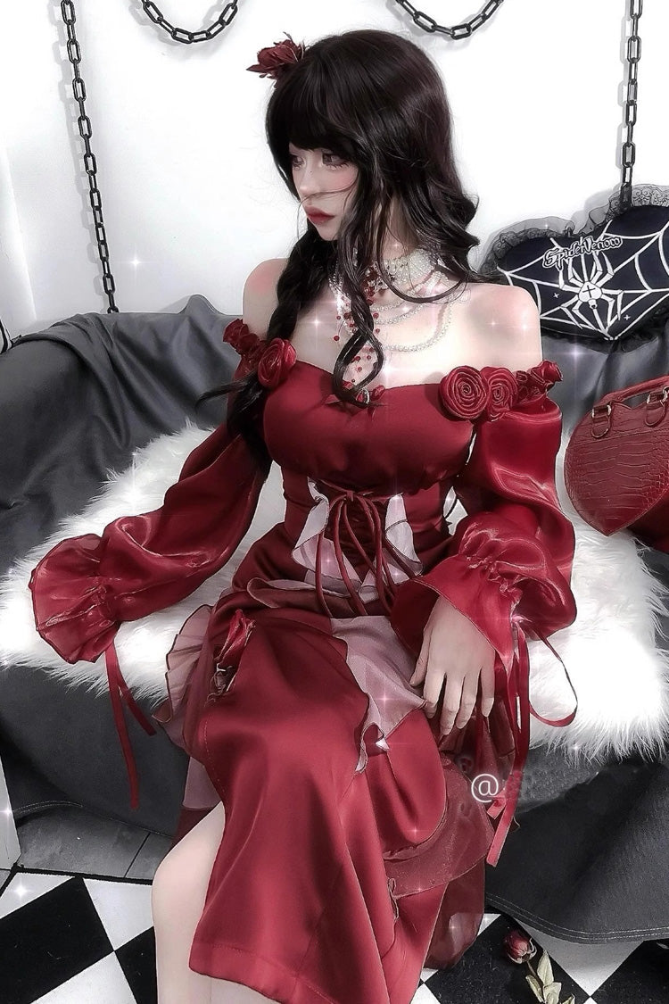 Crimson Rose Motif Long-Sleeved Classic Elegant Lolita Dress