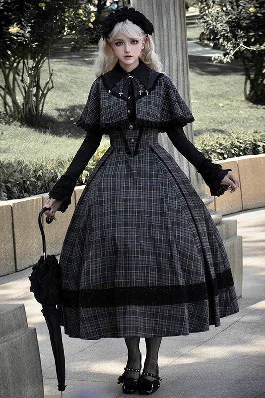Gothic Lolita Dress with Plaid Print Ruffle and Chest Support