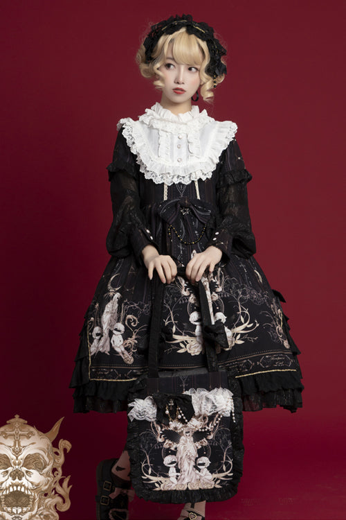 Classic Lolita OP Dress - Ruffled Collar, Long Sleeve, Print