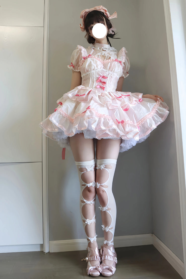 White & Pink Multi-Layer Ruffled Ballet Bow Sweet Lolita JSK Dress