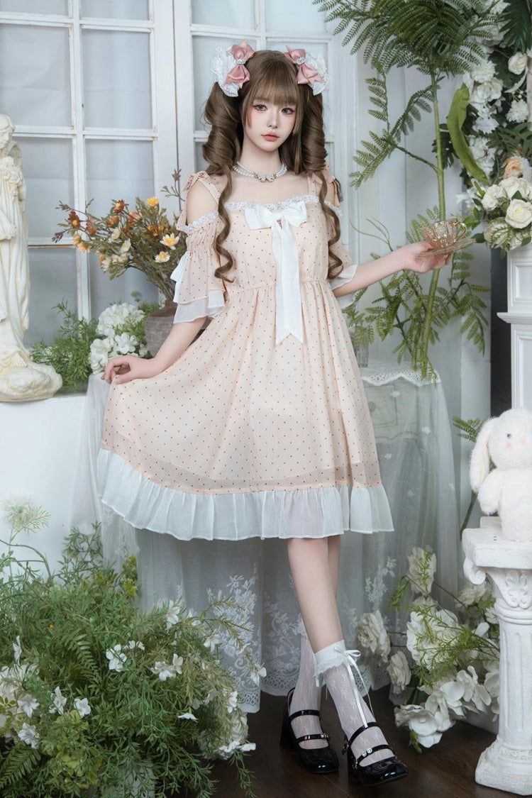 Off Shoulder Short Sleeve Polka Dot Printed Ruffled Bow Lace Palace Dress - Pink