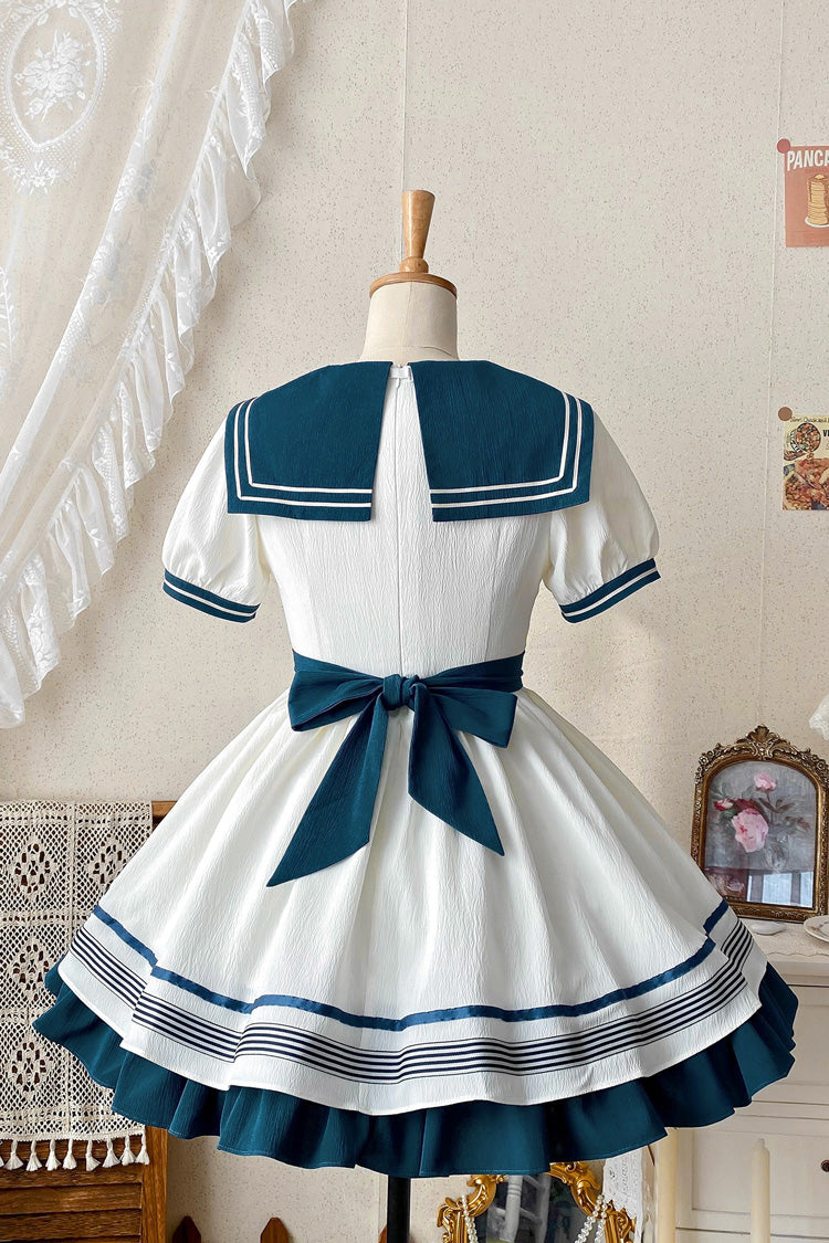 White/Green Navy Collar Short Sleeve Ruffled Bow Sweet Lolita Dress