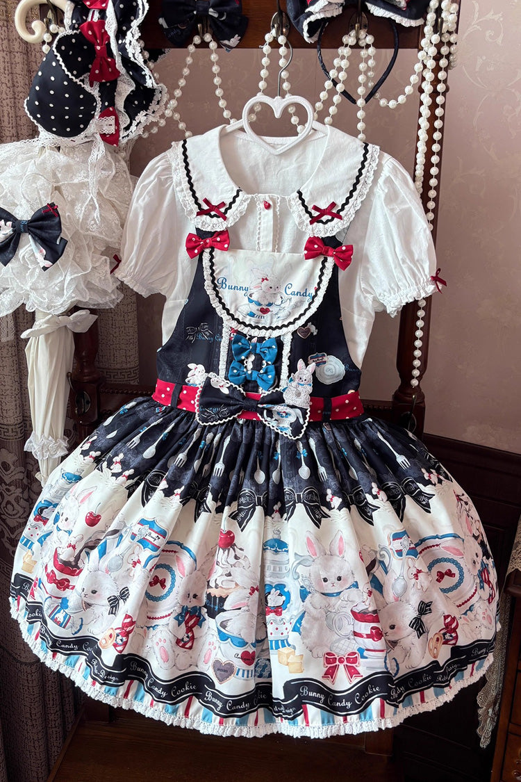 Sleeveless Print Bowknot Lace Sweet Lolita Strap Dress Black