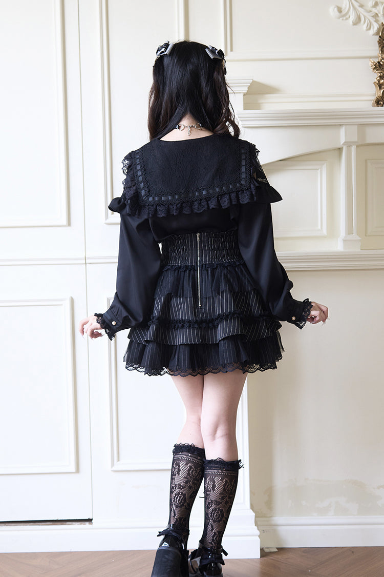 Navy Collar Bowknot Lace Long Sleeve Jirai Blouse in Three Colors