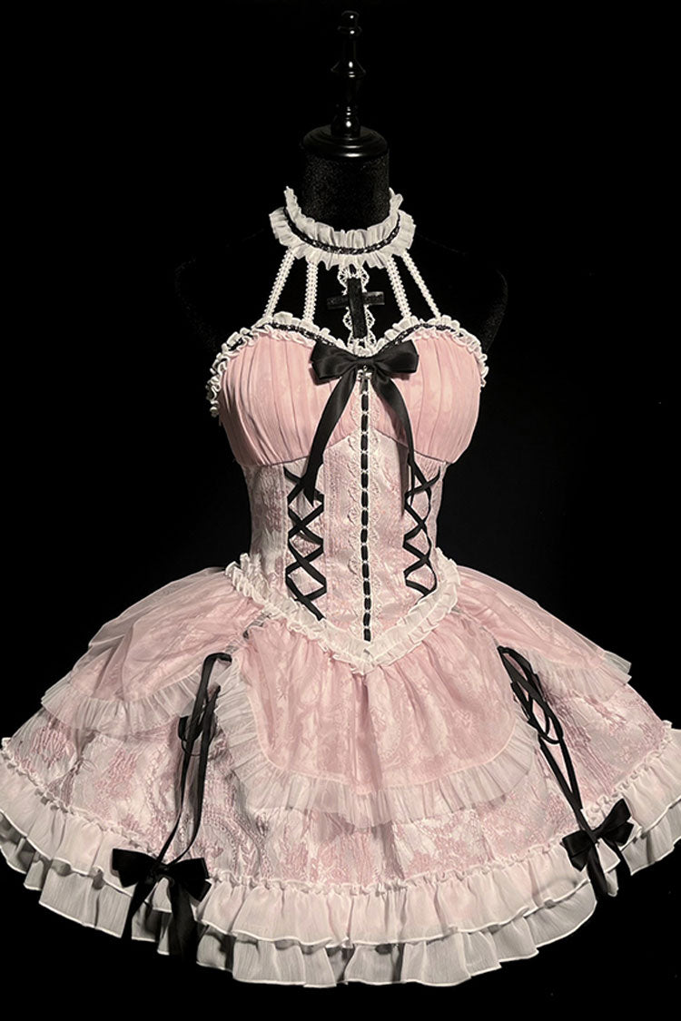 Pink Cross Halterneck Lace-Up Sweet Lolita Dress - Princess Ruffled Bowknot