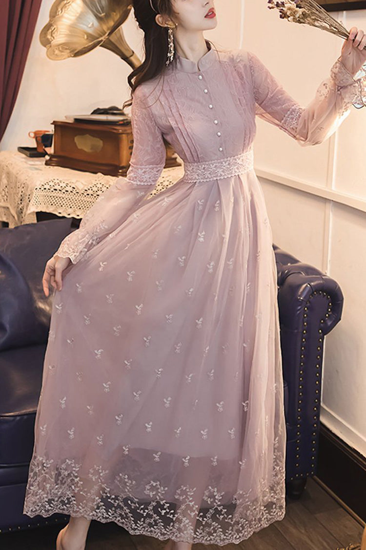 Purple Lolita OP Dress with Lantern Sleeves, Lace Embroidery, Slimming