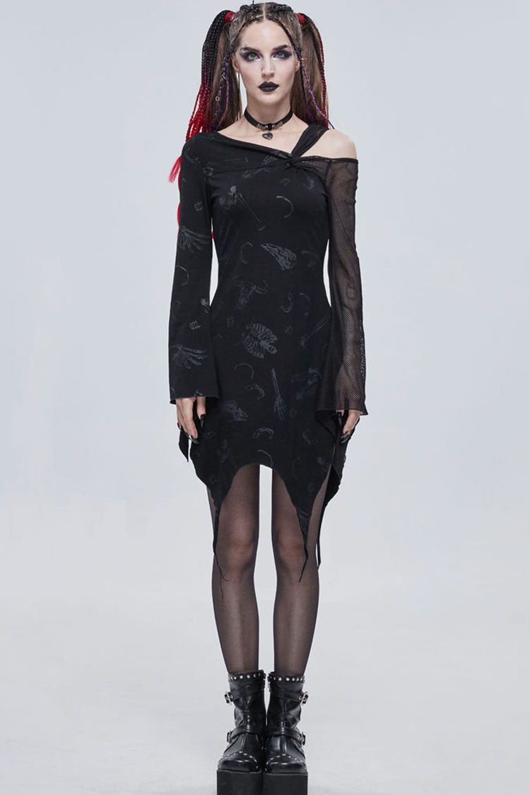 Off-Shoulder Graphic Print Asymmetric Mesh Gothic Dress