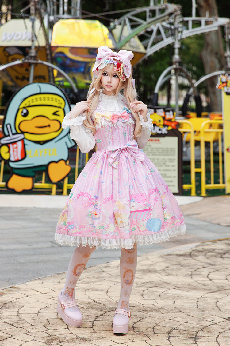Pink Square Collar Lantern Sleeve Sweet Lolita Dress with Bow Print - Macarons Dolly House