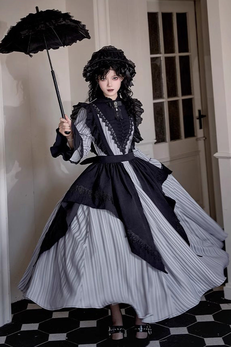 Grey Vertical-Stripe Bow Lace Gothic Gown
