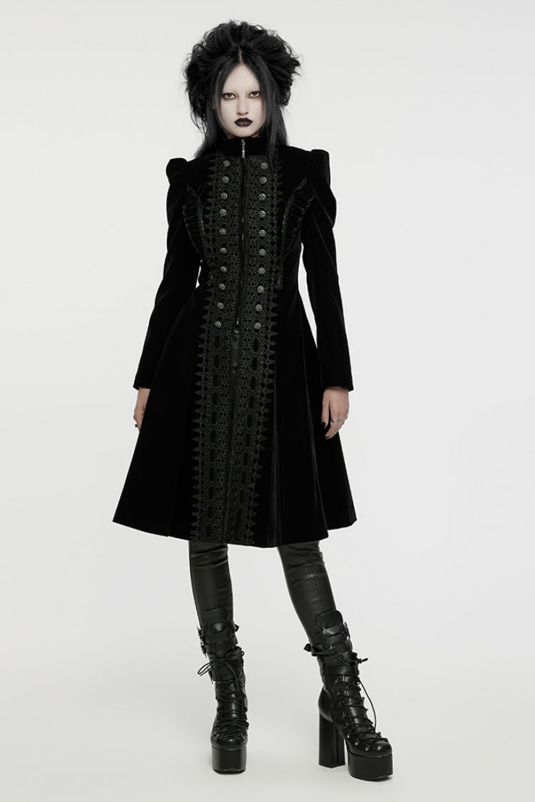 Jet-Black Gothic Coat with Puffed Sleeves and Floral Embroidery