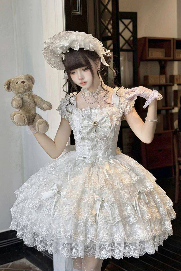 Ivory Square Collar Sleeveless Multi Bow Lace Pearl Gothic JSK