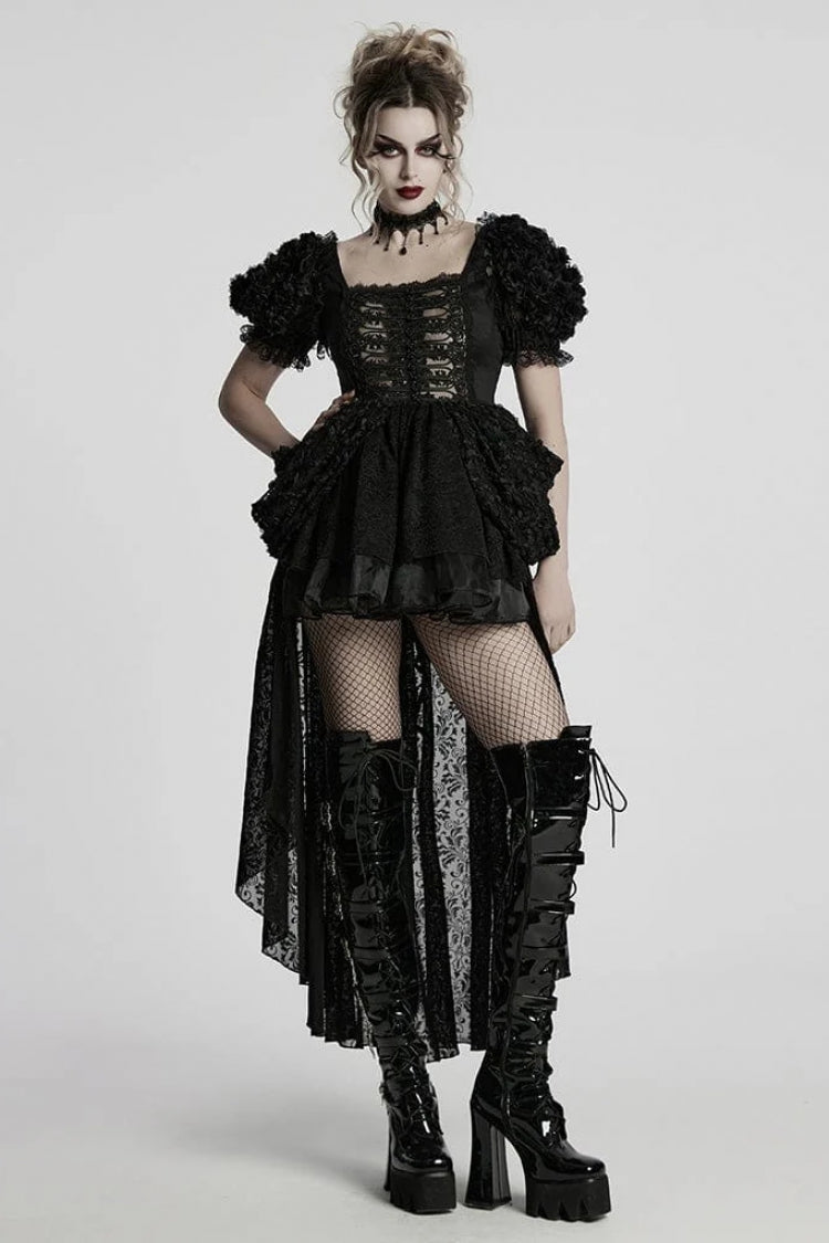 Asymmetric Gothic Mini Dress with Square Collar and Puff Sleeves