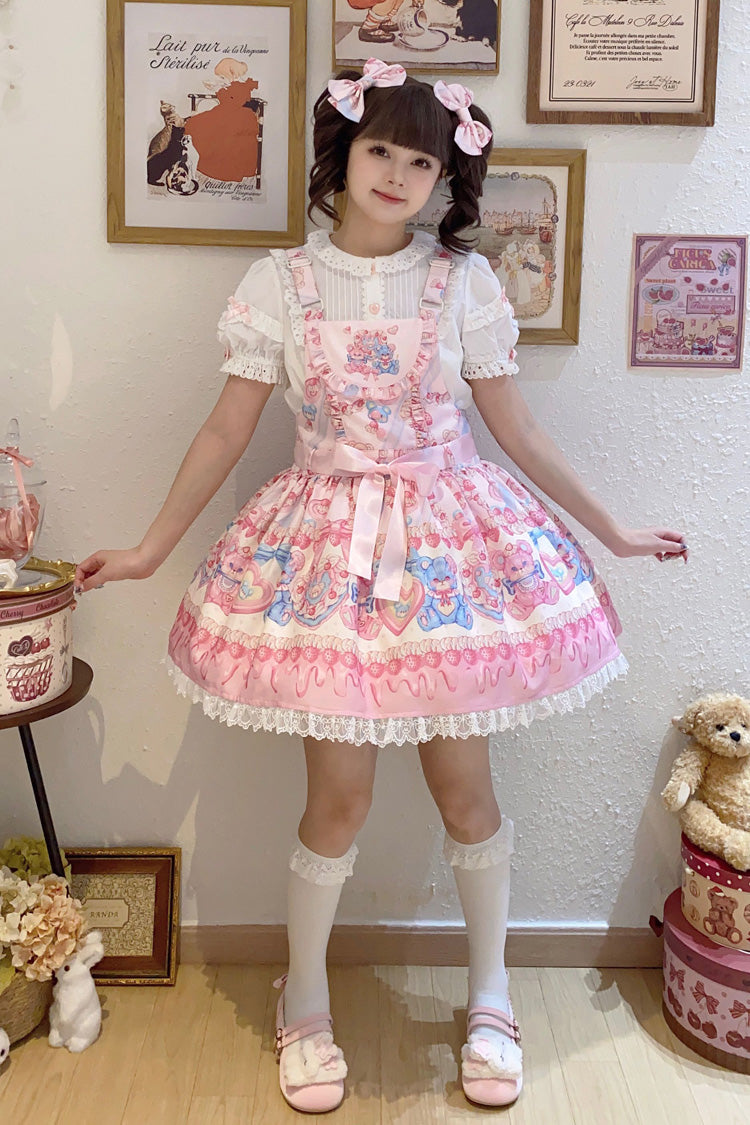 Milky Berry Bear Printed Pink Bow Stitching Lace Sweet Lolita Strap Dress - Miss Brown