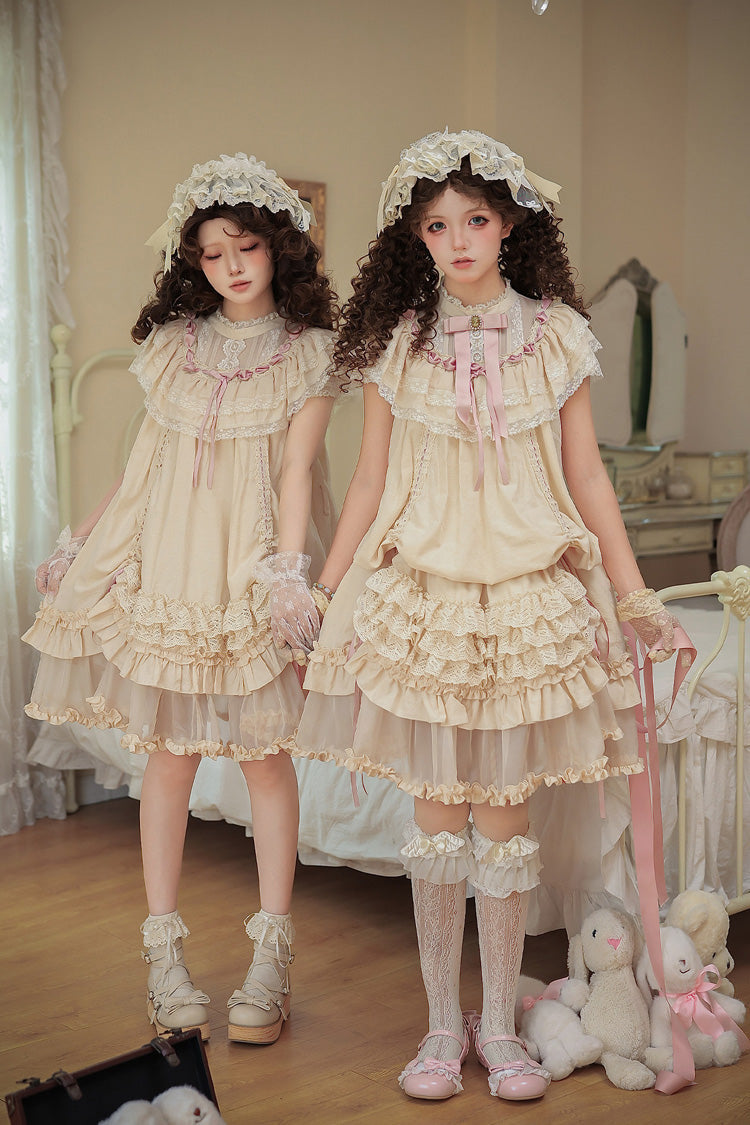 Apricot Sweet Lolita Dress with Stand Collar Short Sleeves Loose Doll-Like Ruffled Bow Lace