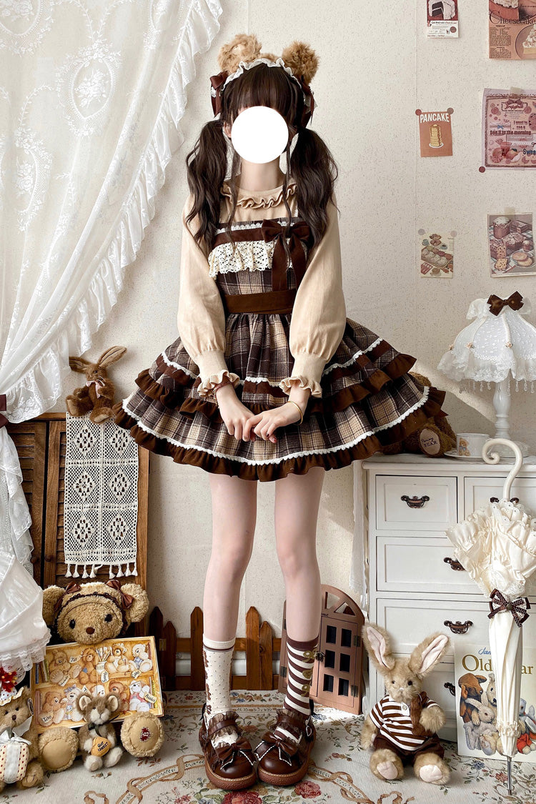 Caramel Cocoa Double-Layered Print Ruffle Bow Sweet JSK