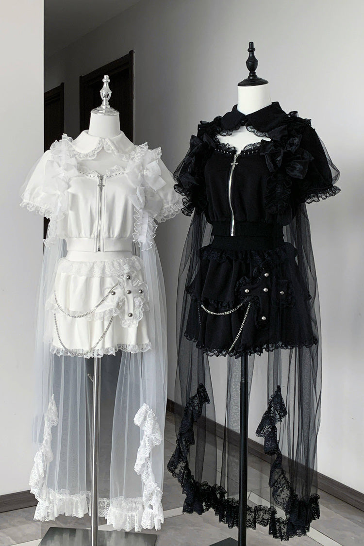 Gothic Layered Lace Zip Chain Skirt Set with Short Sleeves - Song of Atonement