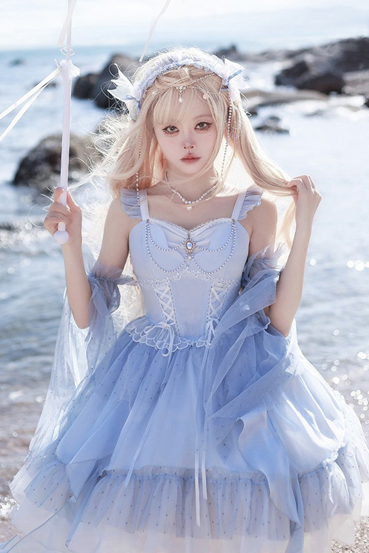 Blue Moon Goddess Song Multilayer Ruffle Lace-Up Sweet Elegant Lolita Jumper Dress