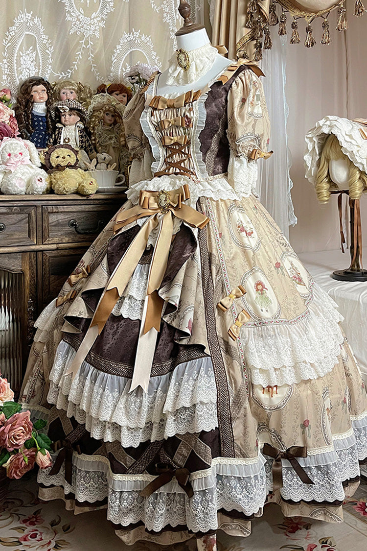 Baker Street Tea Party Short Sleeve High Waist Print Ruffle Embroidery Cardigan Bow Lace-Up Vintage Princess