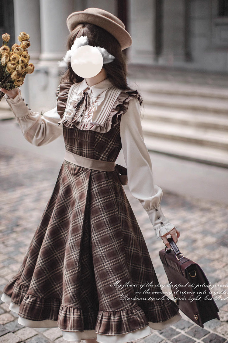 Brown Print Long Sleeve Fake Two Piece Vintage College Dress - The Thames at Dusk