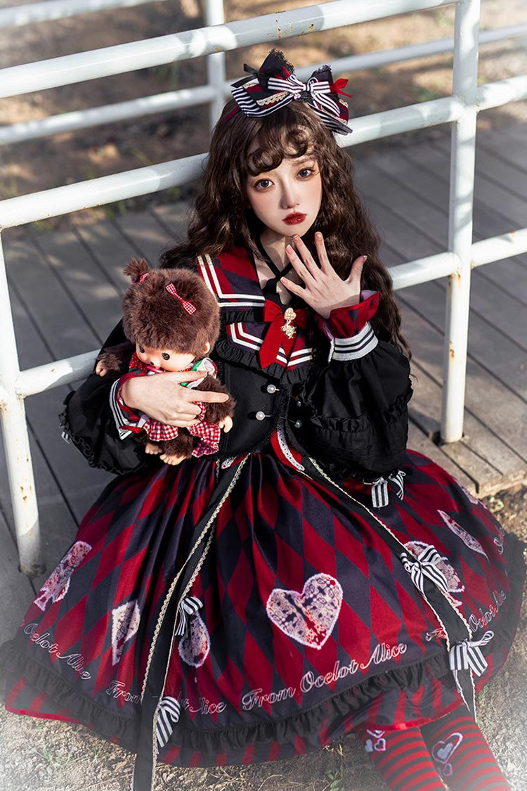 Crimson & Noir Heart Print Bow Accent Sweet Lolita Jumper Dress